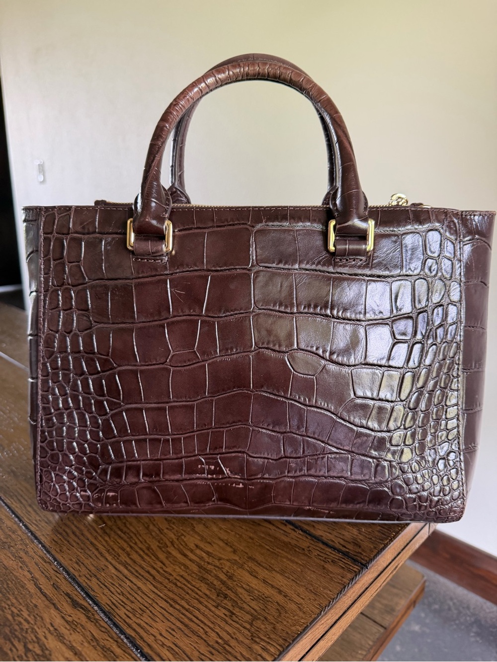 Michael Kors Kellen Crocodile Embossed Leather Satchel Crossbody Brown - Picture 6 of 14
